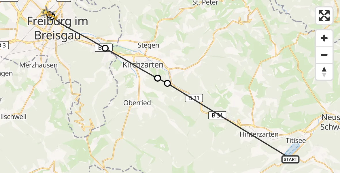 Flugroute Ambulanzhubschrauber Titisee-Neustadt - Freiburg University Hospital Heliport 1, 30 Juli 2026, 14:40