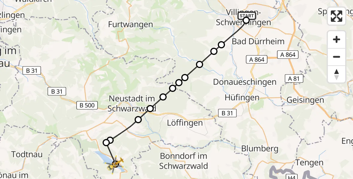Flugroute Ambulanzhubschrauber DRF Air Rescue Station Villingen-Schwenningen Hubschrauberlandeplatz (Christoph 11) - Schluchsee, 30 Juli 2026, 14:42