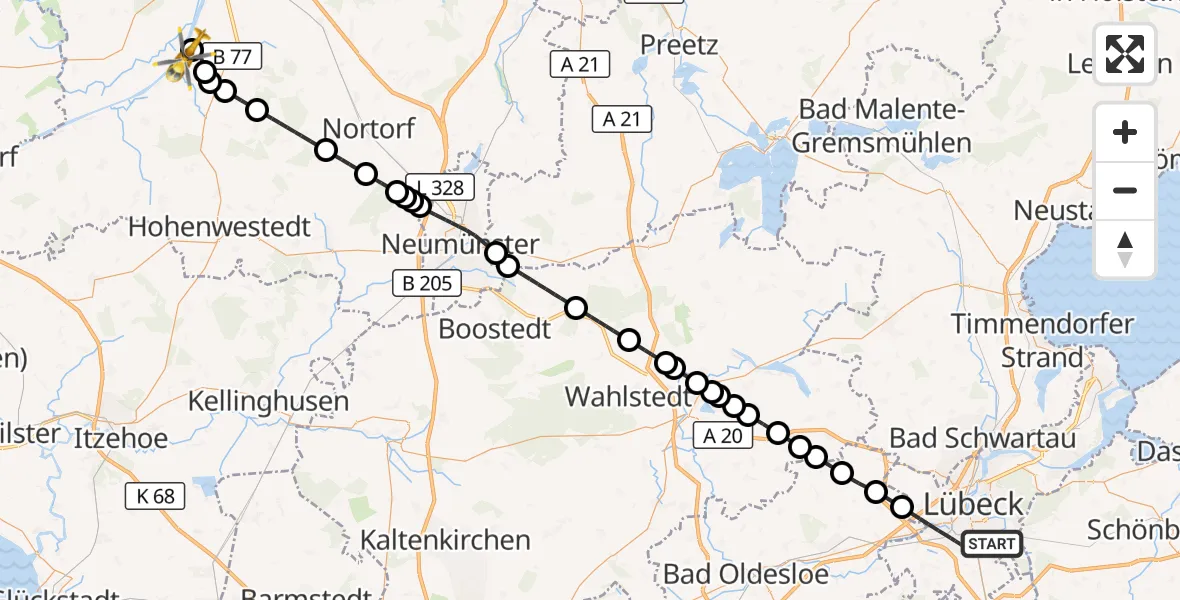 Flugroute Ambulanzhubschrauber Lübeck - Schülp b.Rendsburg, 30 Juli 2026, 14:52