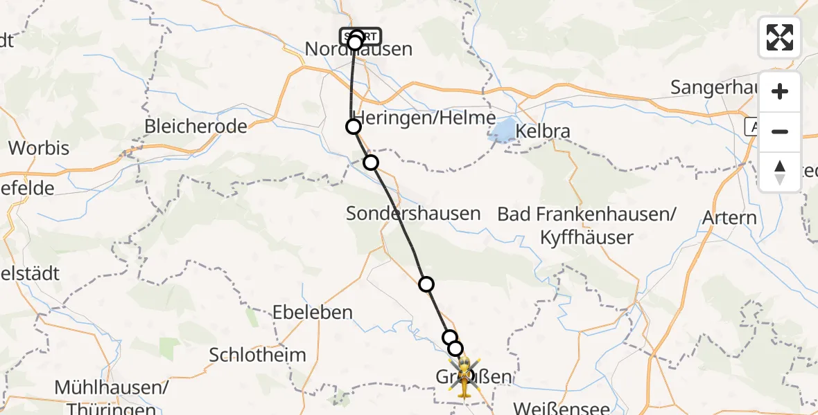 Flugroute Rettungshubschrauber Südharz Hospital Nordhausen - Greußen, 30 Juli 2026, 14:54