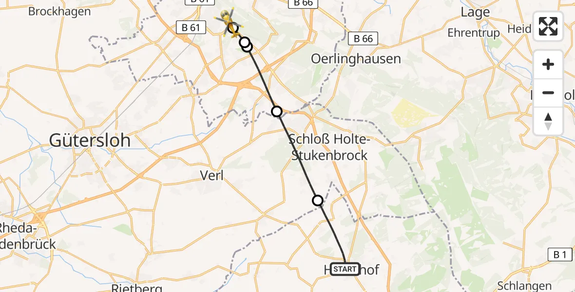 Flugroute Rettungshubschrauber Hövelhof - Luftrettungszentrum Bielefeld, 30 Juli 2026, 14:59