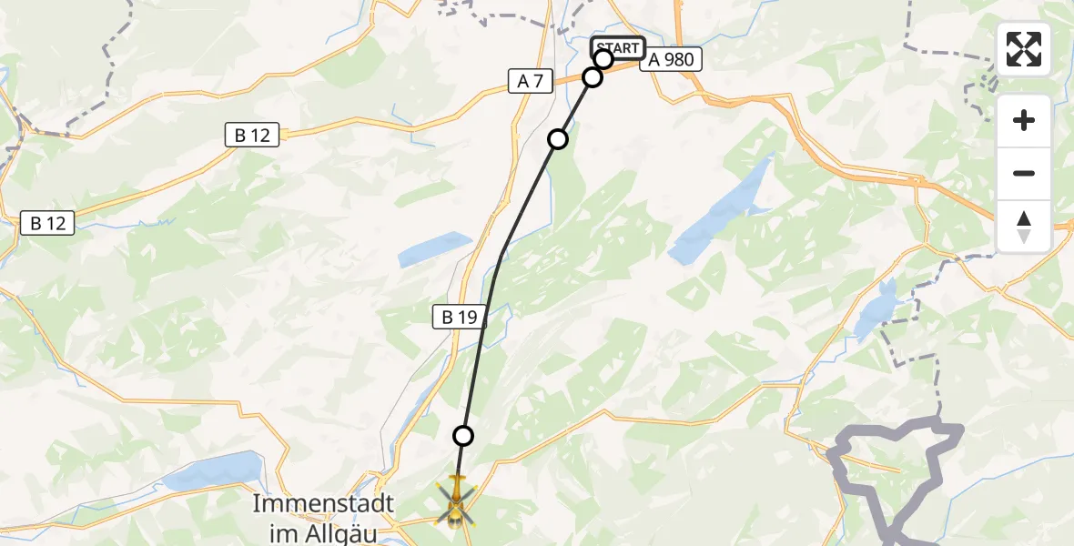 Flugroute Rettungshubschrauber Kempten-Durach Flugplatz - Rettenberg, 30 Juli 2026, 15:01