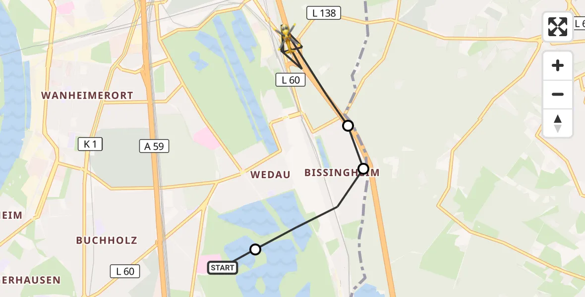 Flugroute Rettungshubschrauber Duisburg Air Rescue Hubschrauberlandeplatz (Christoph 9) - Duisburg, 30 Juli 2026, 15:04