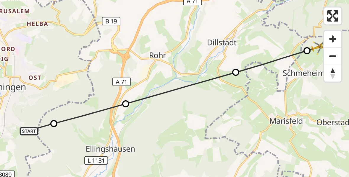 Flugroute Rettungshubschrauber Meiningen - Schmeheim, 30 Juli 2026, 15:12