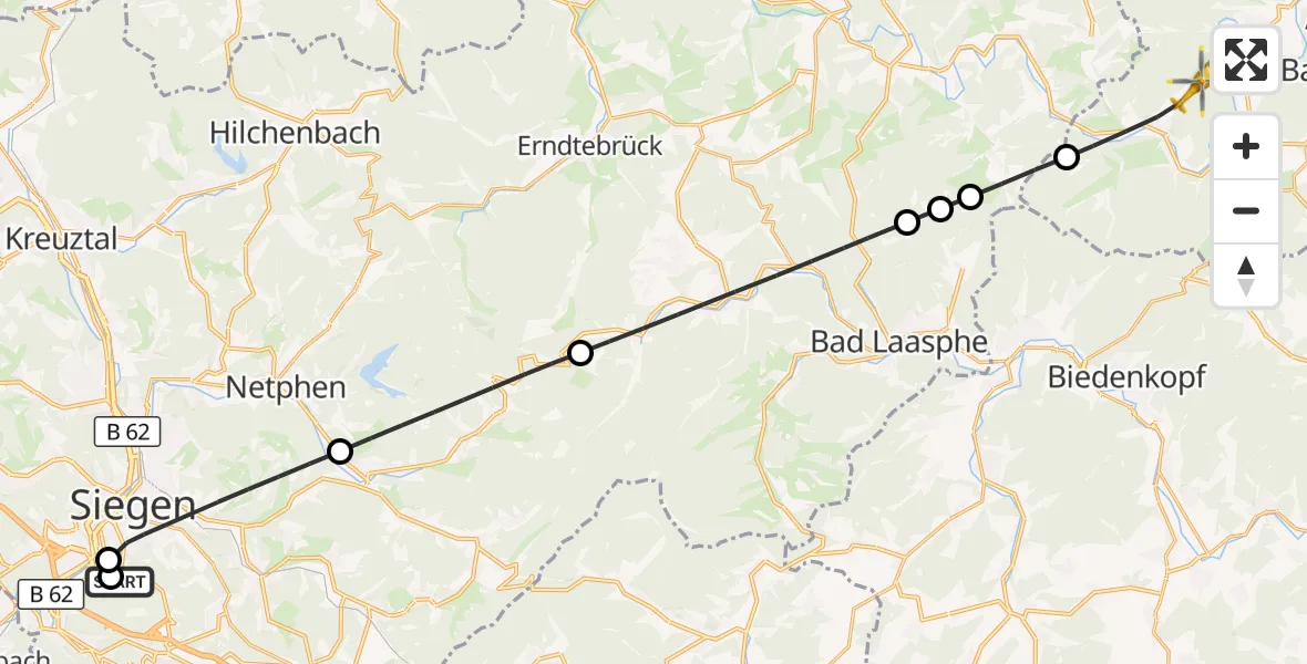 Flugroute Rettungshubschrauber Evangelisches Jung-Stilling Hospital - Hatzfeld (Eder), 30 Juli 2026, 15:15