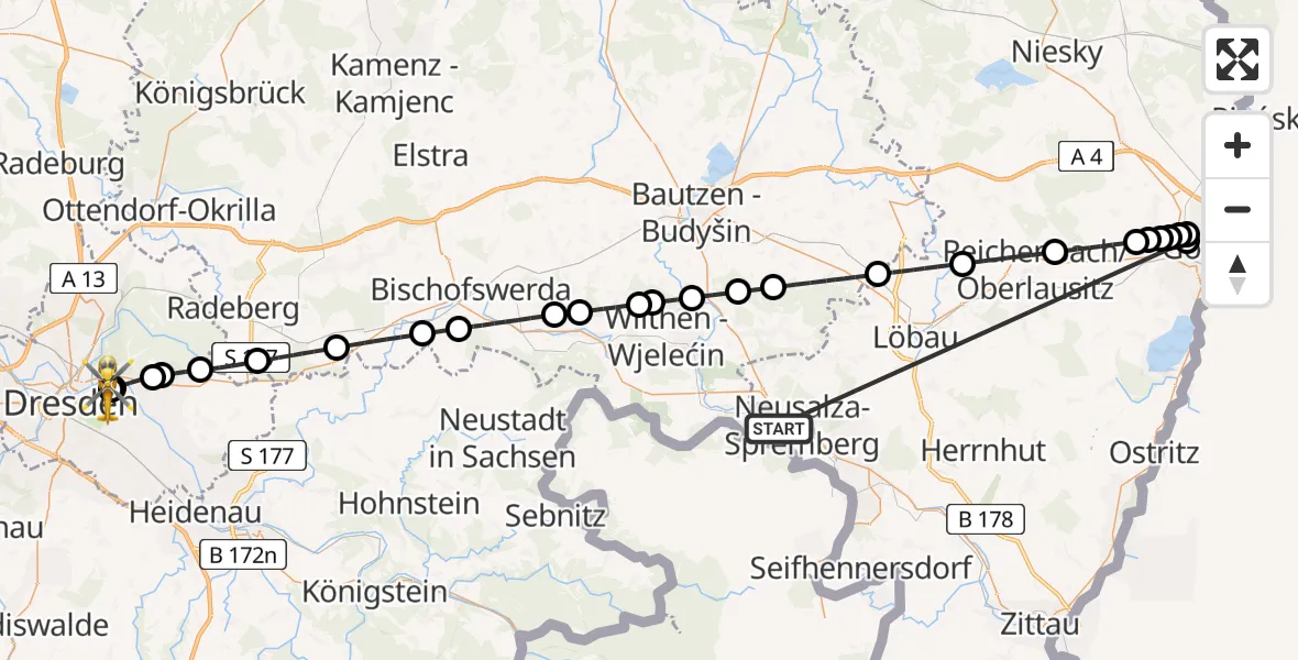 Flugroute Rettungshubschrauber Neusalza-Spremberg - Dresden University Hospital, 30 Juli 2026, 15:16