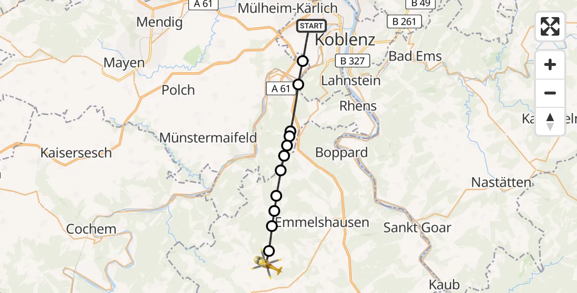 Flugroute Rettungshubschrauber Koblenz - Beltheim, 30 Juli 2026, 15:17