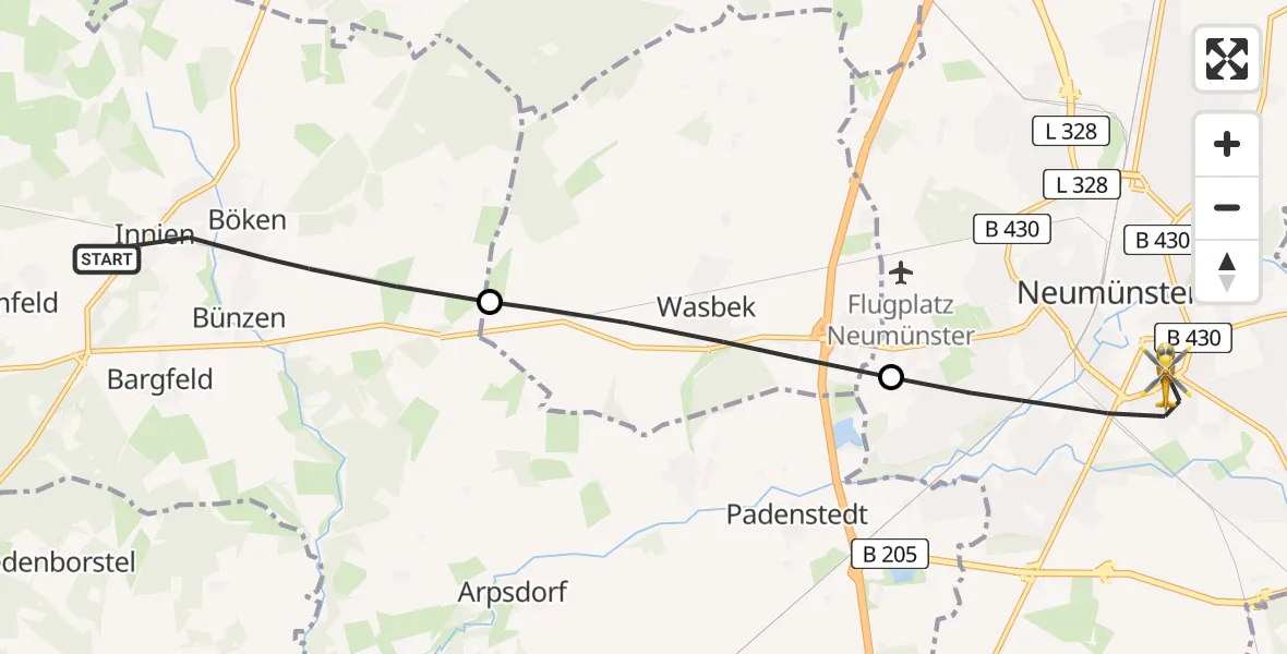 Flugroute Rettungshubschrauber Aukrug - Neumünster, 30 Juli 2026, 15:18