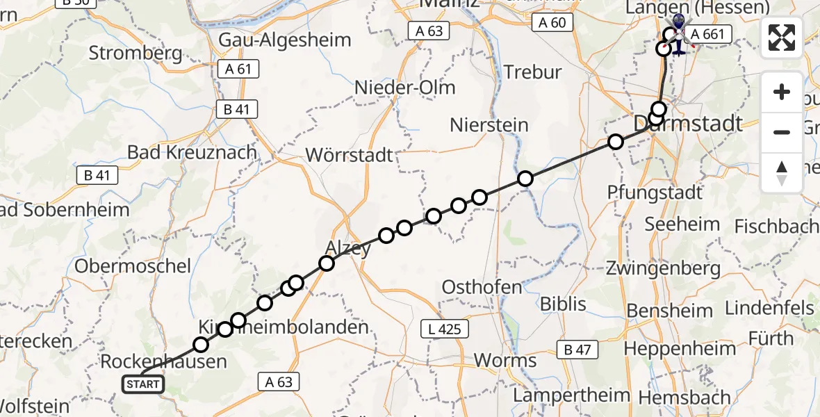 Flugroute Polizeihubschrauber Rockenhausen - Flughafen Frankfurt-Egelsbach, 30 Juli 2026, 15:18