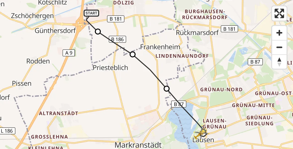 Flugroute Rettungshubschrauber ADAC Air Rescue Station Leipzig/Schkeuditz-Dölzig Hubschrauberlandeplatz (Christoph 61) - Leipzig, 30 Juli 2026, 15:28
