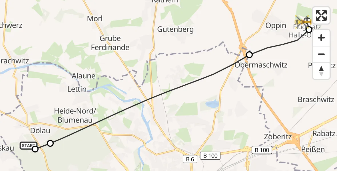 Flugroute Rettungshubschrauber Martha-Maria Halle-Dölau Hospital - Halle-Oppin Flugplatz, 30 Juli 2026, 15:30