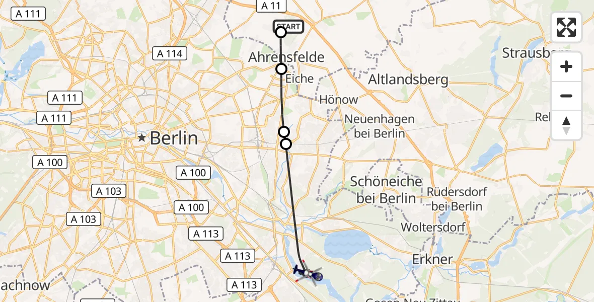 Flugroute Polizeihubschrauber Ahrensfelde Hubschrauberlandeplatz - Berlin, 30 Juli 2026, 15:31