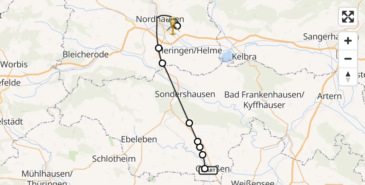 Flugroute Rettungshubschrauber Greußen - Nordhausen Flugplatz, 30 Juli 2026, 15:32