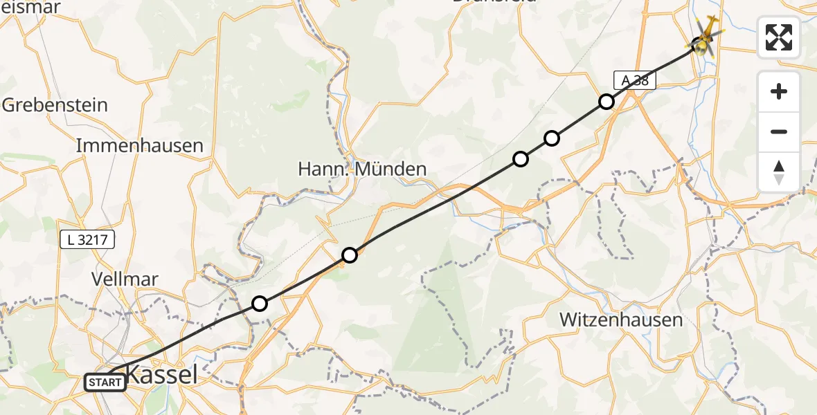 Flugroute Rettungshubschrauber Kassel - Friedland, 30 Juli 2026, 15:35