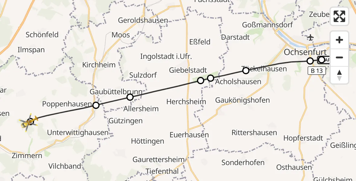 Flugroute Rettungshubschrauber Ochsenfurt Hospital - Grünsfeld, 30 Juli 2026, 15:41