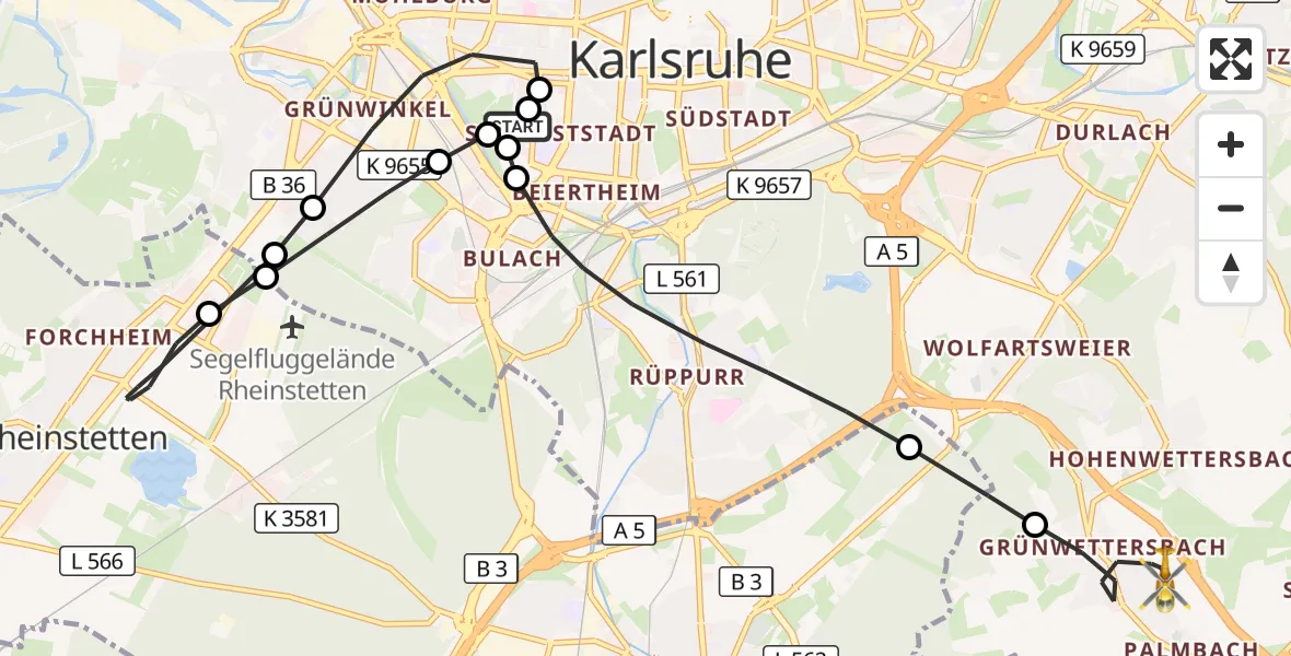 Flugroute Ambulanzhubschrauber Sankt Vincentius Hospital - Karlsruhe, 30 Juli 2026, 15:44