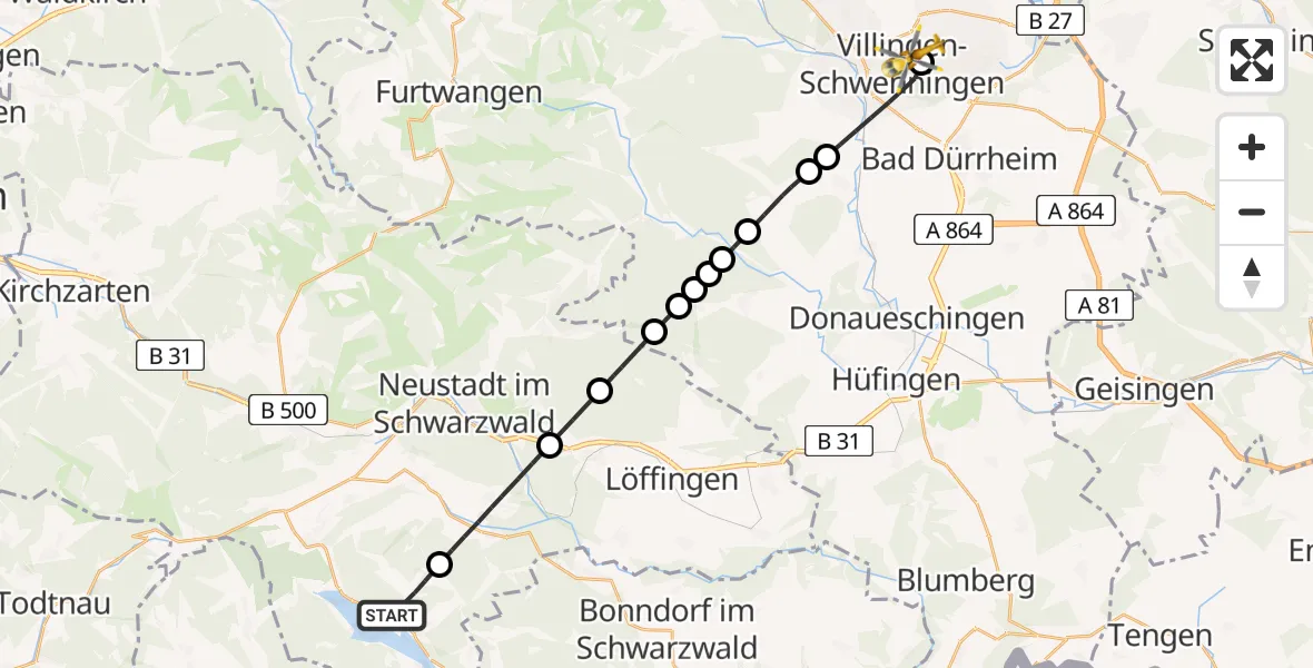Flugroute Ambulanzhubschrauber Schluchsee - DRF Air Rescue Station Villingen-Schwenningen Hubschrauberlandeplatz (Christoph 11), 30 Juli 2026, 15:44