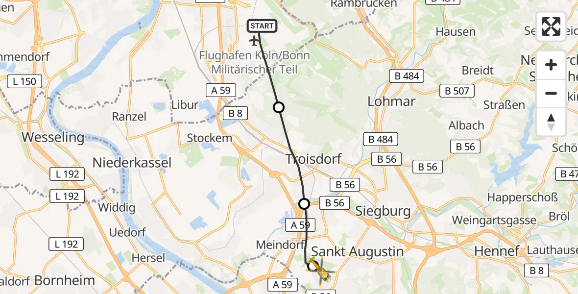 Flugroute Ambulanzhubschrauber Köln Bonn Flughafen - Bonn-Hangelar Flugplatz, 30 Juli 2026, 15:47