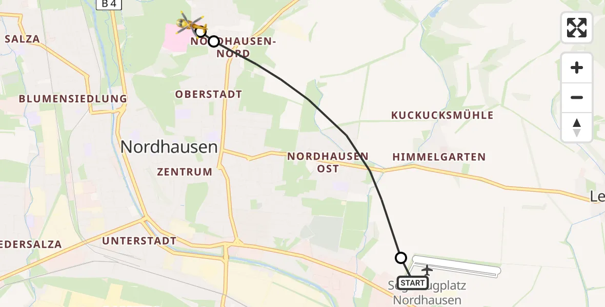 Flugroute Rettungshubschrauber Nordhausen Flugplatz - Südharz Hospital Nordhausen, 30 Juli 2026, 15:57