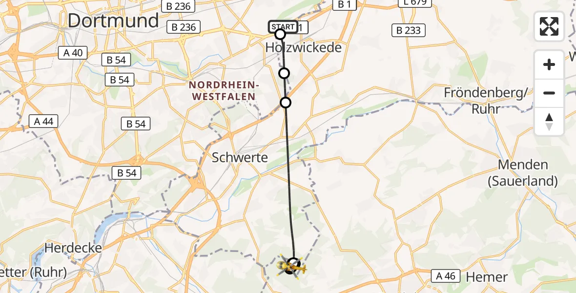 Flugroute Rettungshubschrauber Dortmund Flughafen - Schwerte, 30 Juli 2026, 15:59