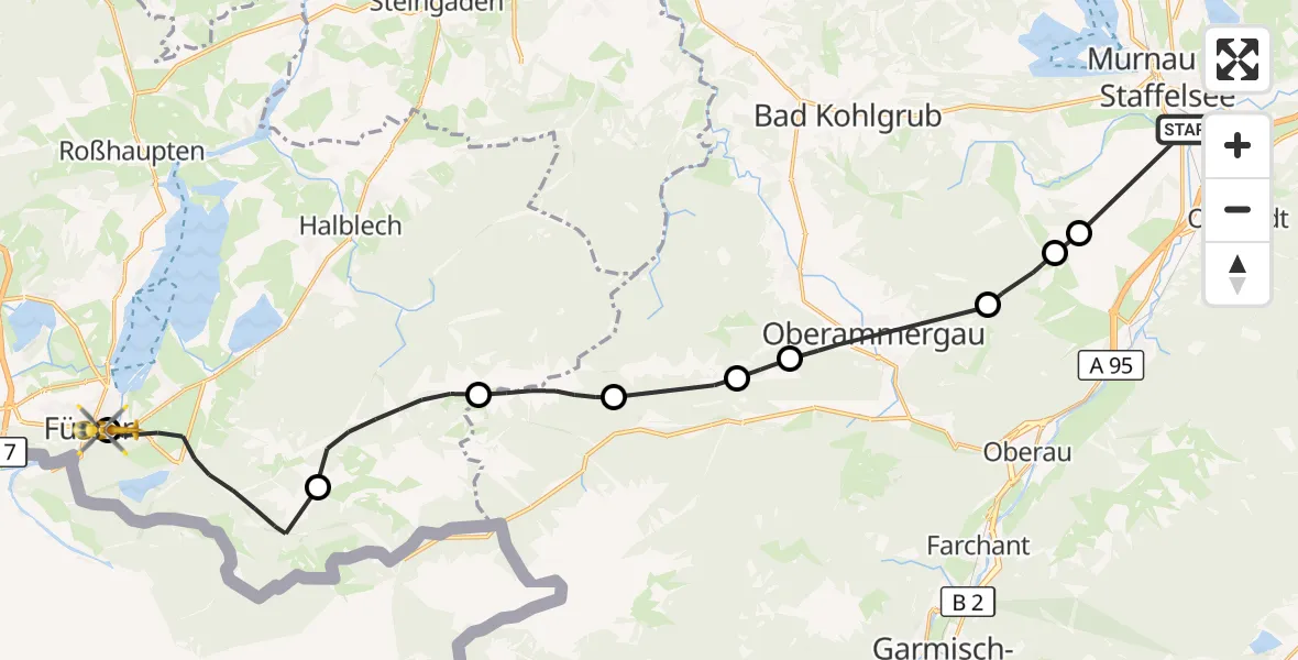 Flugroute Rettungshubschrauber Murnau a.Staffelsee - Füssen, 30 Juli 2026, 16:00
