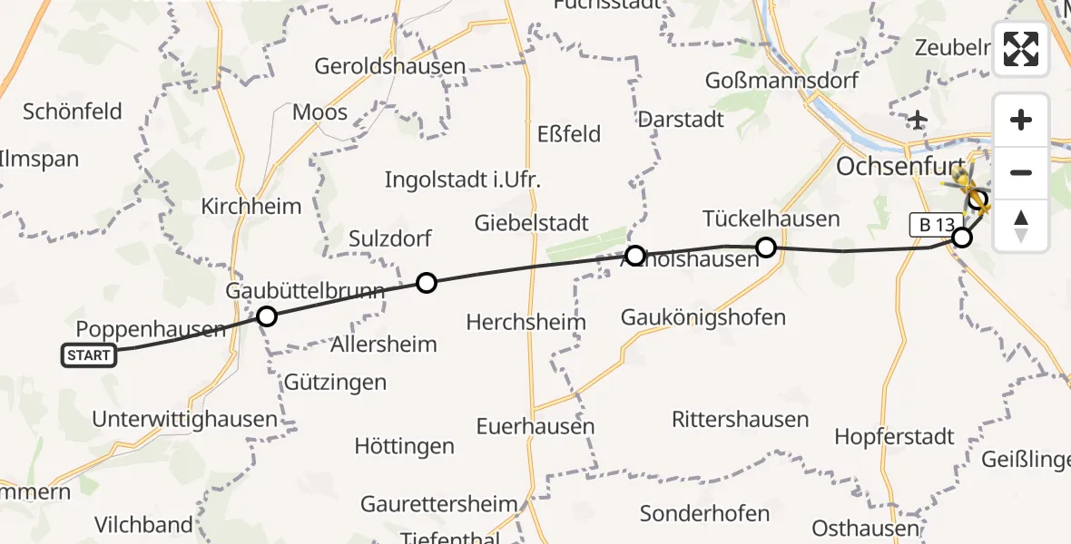 Flugroute Rettungshubschrauber Wittighausen - Ochsenfurt Hospital, 30 Juli 2026, 16:02