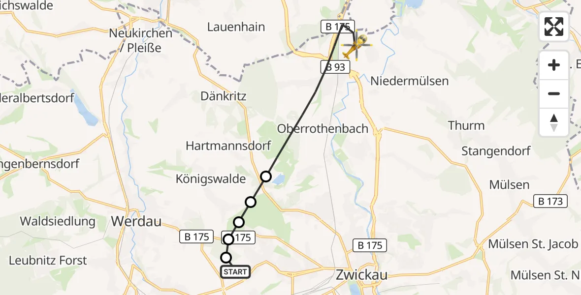 Flugroute Rettungshubschrauber ADAC Air Rescue Station Zwickau Hubschrauberlandeplatz - Zwickau, 30 Juli 2026, 16:02