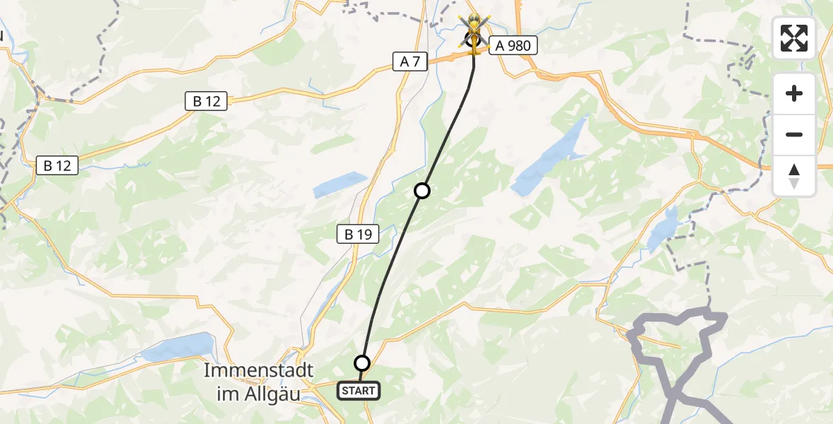 Flugroute Rettungshubschrauber Agathazell Flugplatz - Kempten-Durach Flugplatz, 30 Juli 2026, 16:02