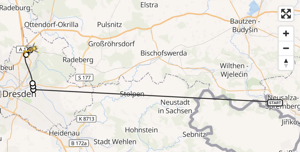 Flugroute Rettungshubschrauber Neusalza-Spremberg - Dresden Bundespolizei Hubschrauberlandeplatz, 30 Juli 2026, 16:07