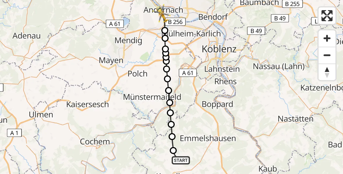 Flugroute Rettungshubschrauber Beltheim - Andernach, 30 Juli 2026, 16:08