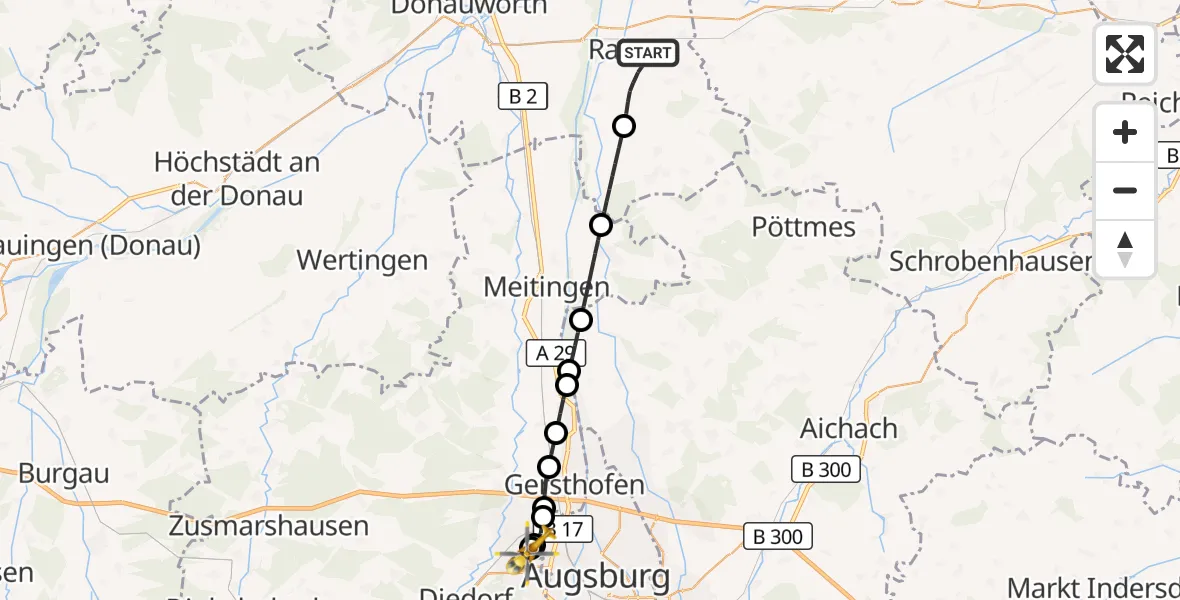 Flugroute Rettungshubschrauber Rain - Augsburg University Hospital, 30 Juli 2026, 16:11