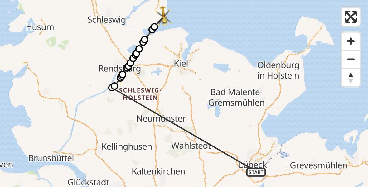 Flugroute Ambulanzhubschrauber Lübeck - Waabs, 30 Juli 2026, 16:13