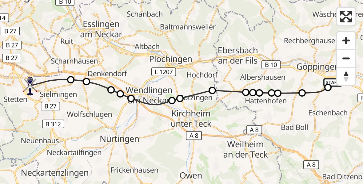 Flugroute Polizeihubschrauber Göppingen - Flughafen Stuttgart, 30 Juli 2026, 16:14