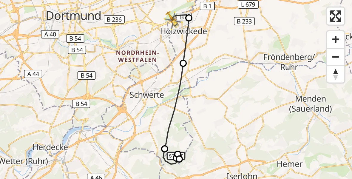 Flugroute Rettungshubschrauber Schwerte - Dortmund Flughafen, 30 Juli 2026, 16:14