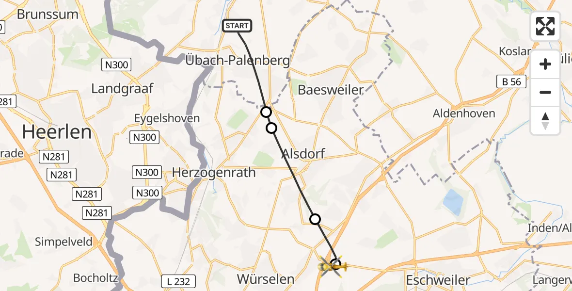 Flugroute Rettungshubschrauber Übach-Palenberg - Aachen-Merzbrück Flughafen, 30 Juli 2026, 16:15