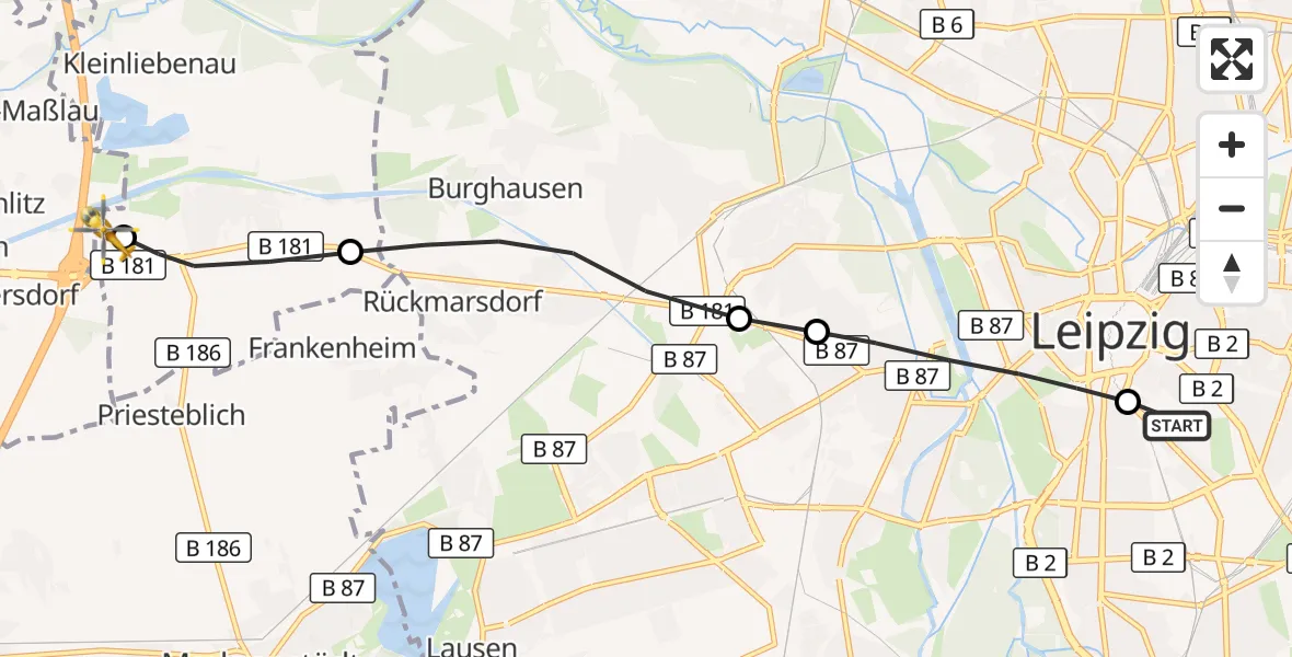 Flugroute Rettungshubschrauber Leipzig University Hospital Heliport 1 - ADAC Air Rescue Station Leipzig/Schkeuditz-Dölzig Hubschrauberlandeplatz (Christoph 61), 30 Juli 2026, 16:20
