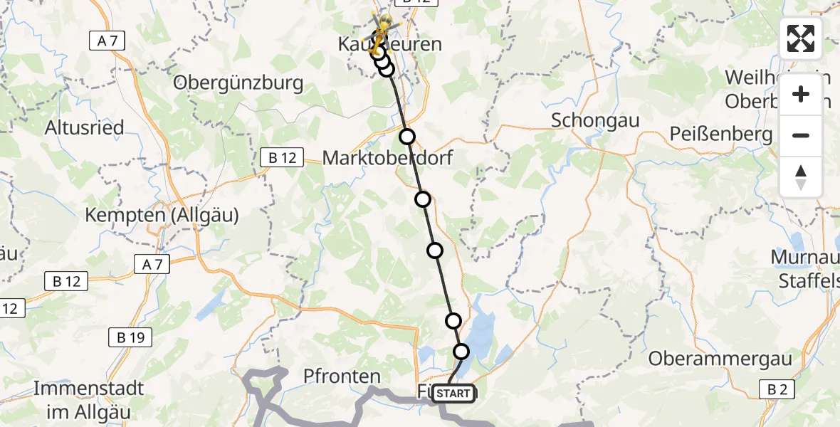 Flugroute Rettungshubschrauber Füssen - Ostallgäu-Kaufbeuren Hospital, 30 Juli 2026, 16:32