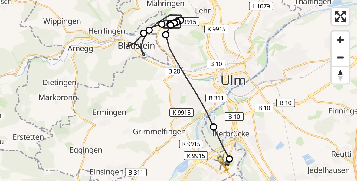 Flugroute Rettungshubschrauber Ulm Military Hospital Emergency - Ulm, 30 Juli 2026, 16:33