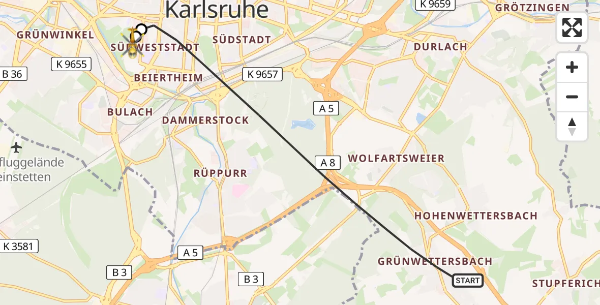 Flugroute Ambulanzhubschrauber Karlsruhe - Sankt Vincentius Hospital, 30 Juli 2026, 16:38