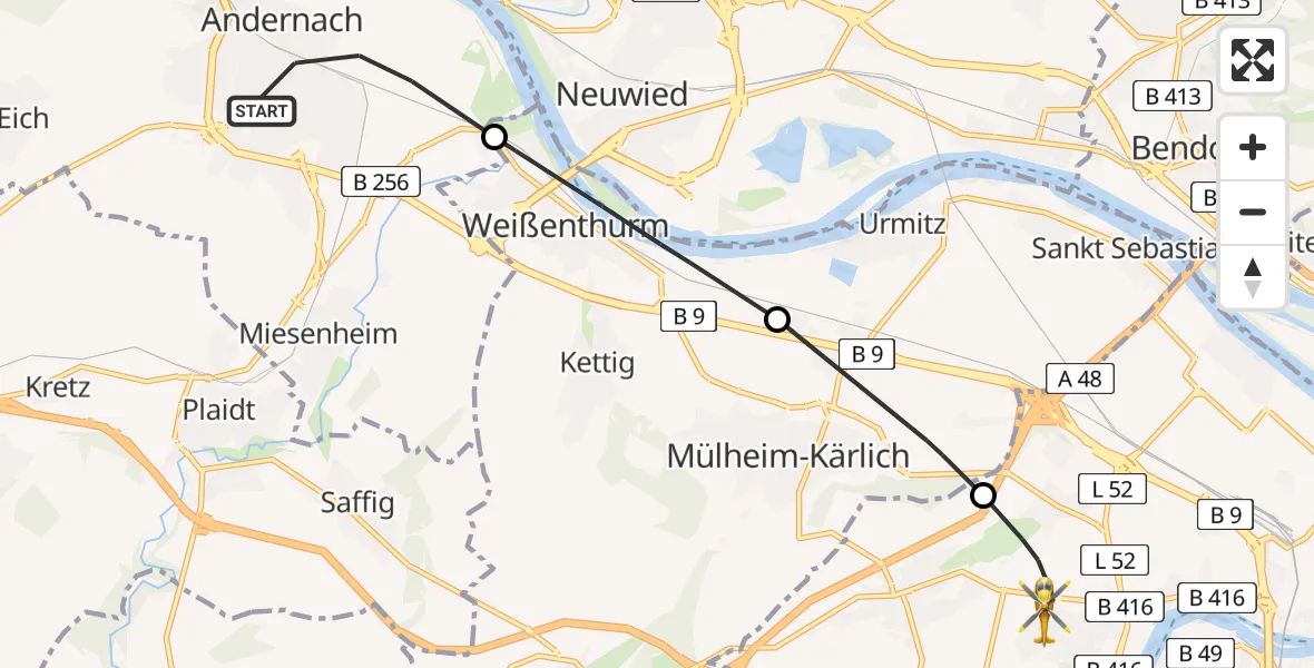 Flugroute Rettungshubschrauber Andernach - Koblenz, 30 Juli 2026, 16:39