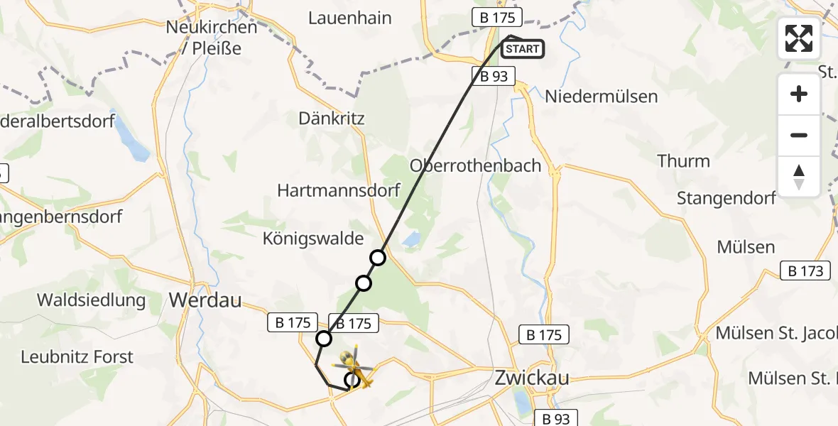 Flugroute Rettungshubschrauber Zwickau - ADAC Air Rescue Station Zwickau Hubschrauberlandeplatz, 30 Juli 2026, 16:41