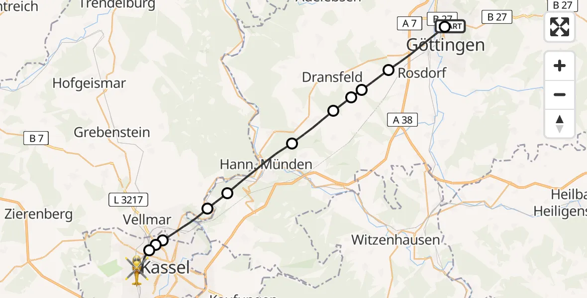 Flugroute Rettungshubschrauber Göttingen University Clinic Hubschrauberlandeplatz - Kassel, 30 Juli 2026, 16:44