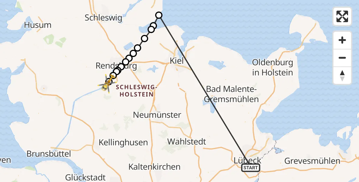 Flugroute Ambulanzhubschrauber Lübeck - Rendsburg-Schachtholm Flugplatz, 30 Juli 2026, 16:49