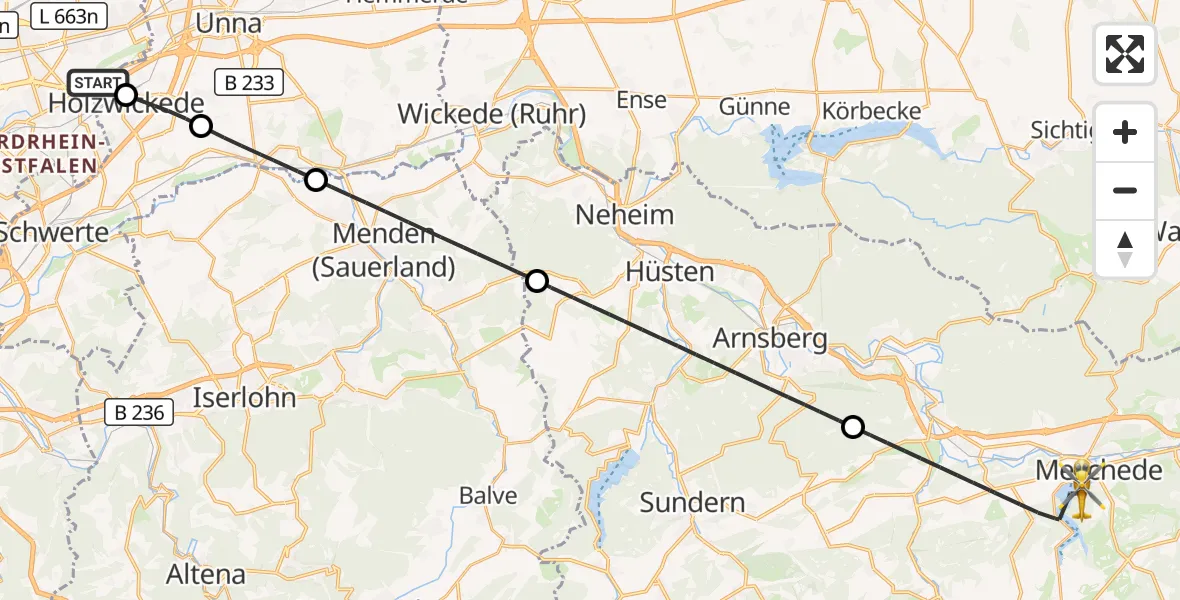 Flugroute Rettungshubschrauber Dortmund Flughafen - Meschede, 30 Juli 2026, 16:52