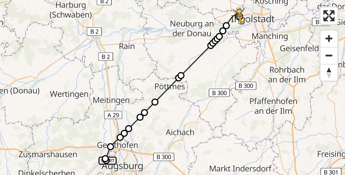 Flugroute Rettungshubschrauber Augsburg University Hospital - Ingolstadt Hospital, 30 Juli 2026, 16:57