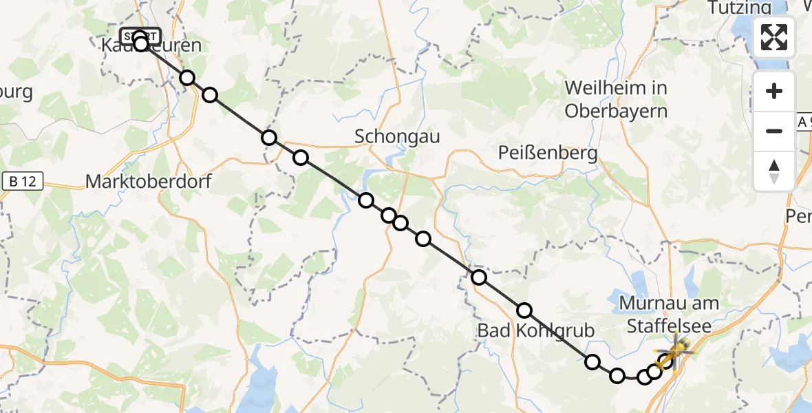 Flugroute Rettungshubschrauber Ostallgäu-Kaufbeuren Hospital - Murnau a.Staffelsee, 30 Juli 2026, 17:00