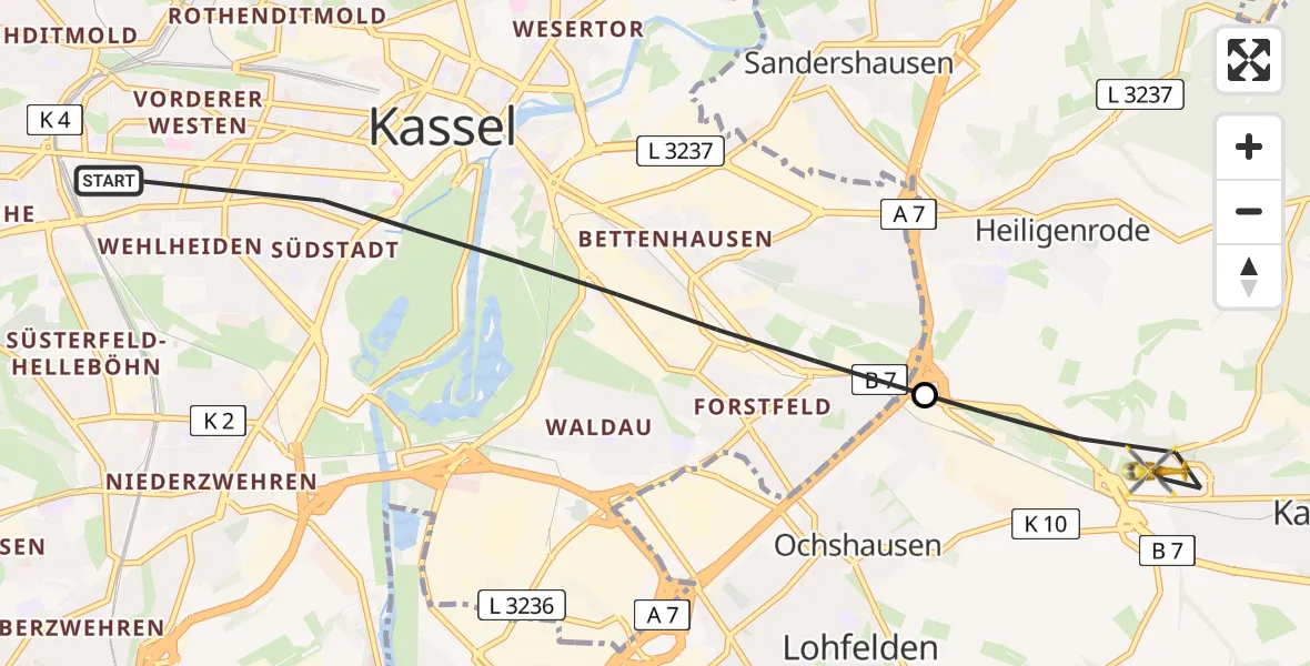 Flugroute Rettungshubschrauber Kassel - Kaufungen, 30 Juli 2026, 17:03