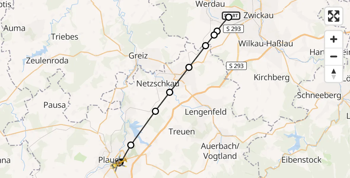 Flugroute Rettungshubschrauber ADAC Air Rescue Station Zwickau Hubschrauberlandeplatz - Helios Clinic Plauen, 30 Juli 2026, 17:04
