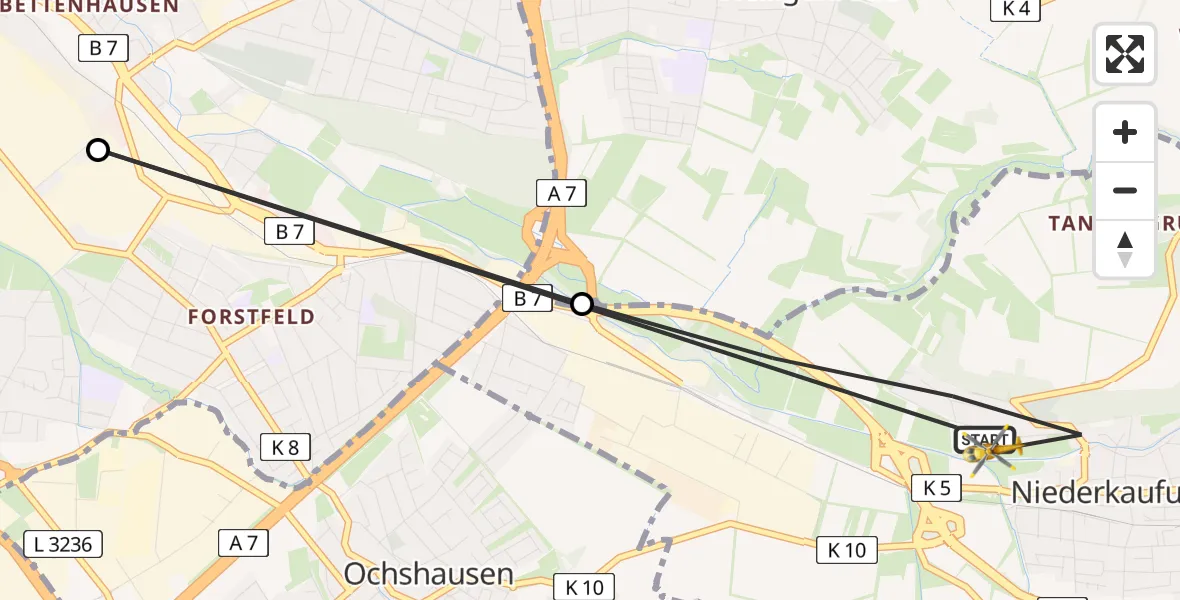 Flugroute Rettungshubschrauber Kaufungen - Kaufungen, 30 Juli 2026, 17:07