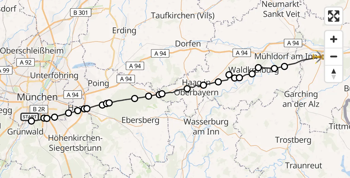 Flugroute Rettungshubschrauber München - Altötting, 30 Juli 2026, 17:08